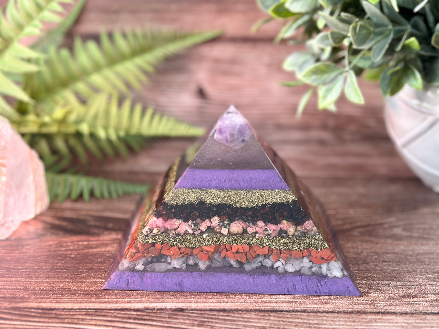 LEONA - Purple Flame Golden Ratio Special Edition Pyramid! - EMF Protector - Amethyst, Garnet, Rhodonite, Red Jasper & Rose Quartz with Brass Metals