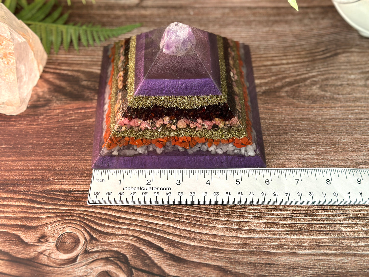 LEONA - Purple Flame Golden Ratio Special Edition Pyramid! - EMF Protector - Amethyst, Garnet, Rhodonite, Red Jasper & Rose Quartz with Brass Metals