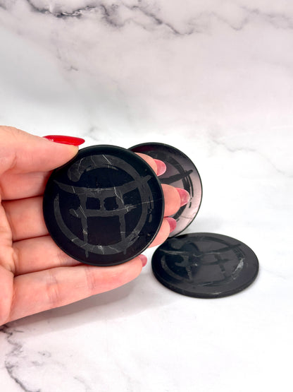 BEYOND MYSTIC SPECIAL EDITION SHUNGITE ROUND PHONE PLATES! - EMF Protection - Hand Cut Genuine Natural Shungite Phone Plate High Quality Black Lustrous Gemstone from Russia