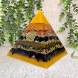 LEO - Astrology Edition - Orgonite Pyramid - EMF Protector - Carnelian, Black Tourmaline, Blue Tiger's Eye, Amethyst with Brass Metals