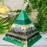 MIRANDA - Orgonite Pyramid - EMF Protector - Lemon Chrysoprase, Pyrite, Emerald & Morganite with Aluminum Metals
