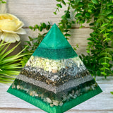 MIRANDA - Orgonite Pyramid - EMF Protector - Lemon Chrysoprase, Pyrite, Emerald & Morganite with Aluminum Metals