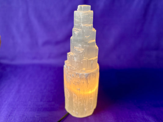 Selenite Skyscraper Lamp, 12" & 6" Tall Selenite Crystal Tower Lamps