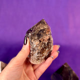 Smoky Quartz Top Polished Rough Point — Standing Smoky Quartz Crystal with Cut Base