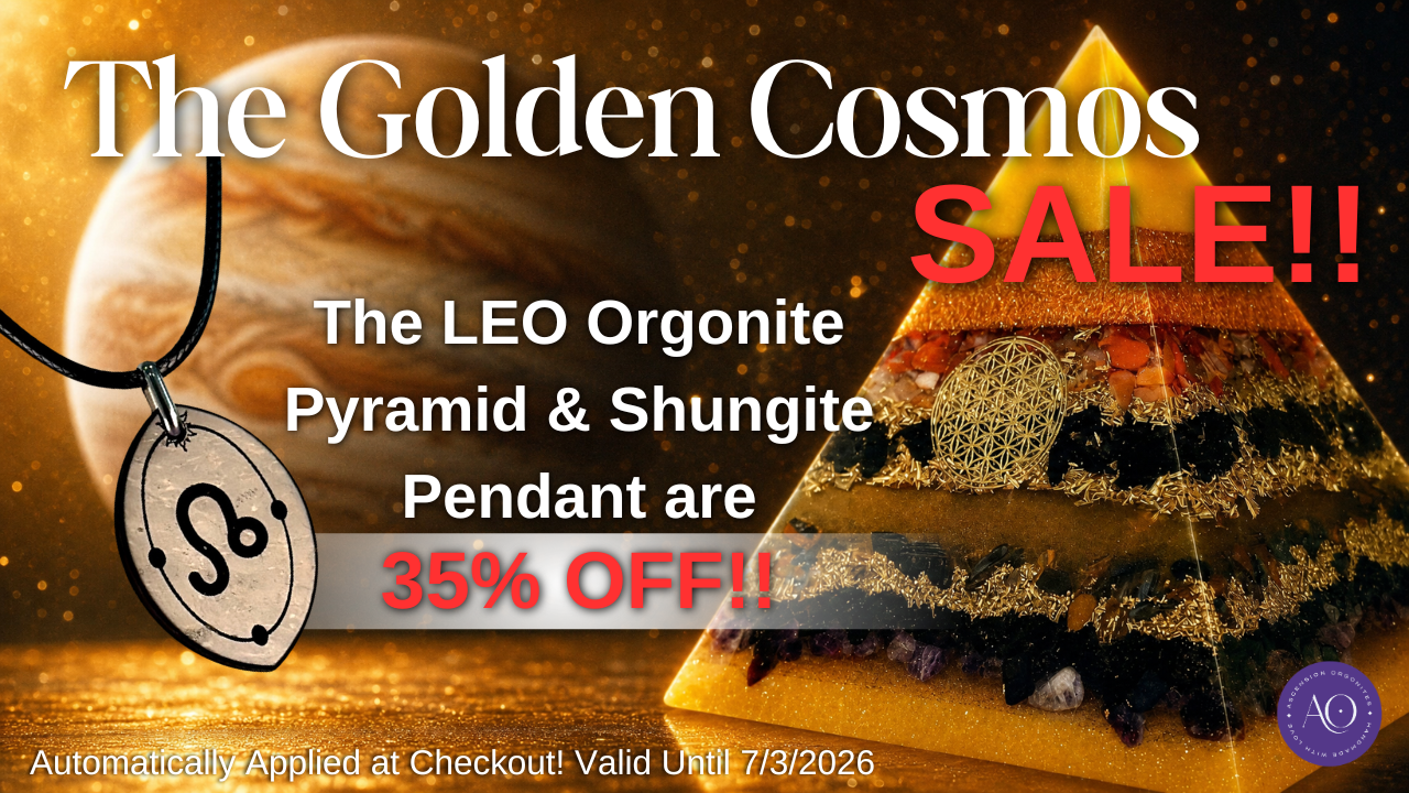 The Golden Cosmos, Jupiter In Leo - Astrology Edition - Orgonite Pyramid & Shungite Pendant - EMF Protector - Carnelian, Black Tourmaline, Amethyst and Blue Tiger's Eye with Brass Metals