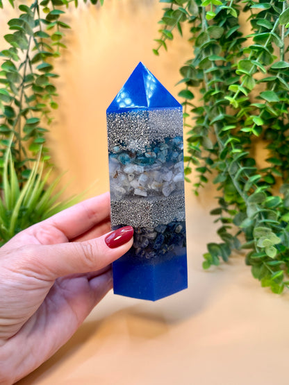 KNOWLEDGE & SELF-CULTIVATION - Feng Shui Orgonite Tower - EMF Protector - Blue Apatite, Blue Lace Agate & Sodalite with Aluminum Metals