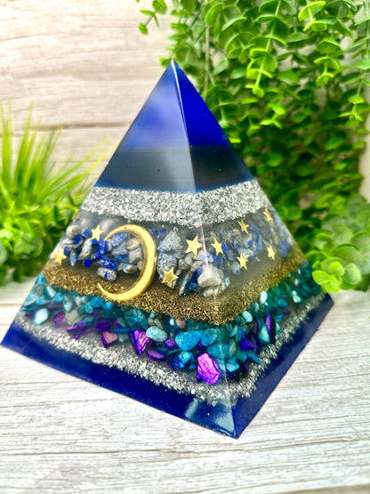 LUNA - Custom Order - Orgonite Pyramid - EMF Protector - Aquamarine, Celestite and Larimar Crystal with Brass and Aluminum Metals