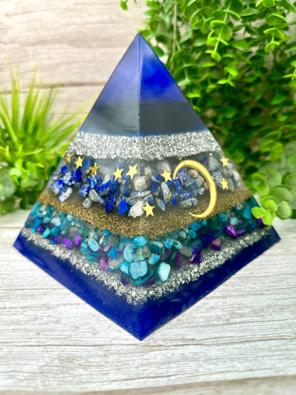 LUNA - Custom Order - Orgonite Pyramid - EMF Protector - Aquamarine, Celestite and Larimar Crystal with Brass and Aluminum Metals