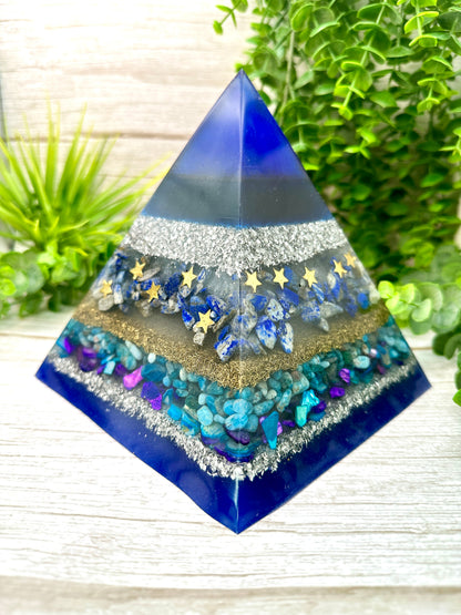 LUNA - Custom Order - Orgonite Pyramid - EMF Protector - Aquamarine, Celestite and Larimar Crystal with Brass and Aluminum Metals