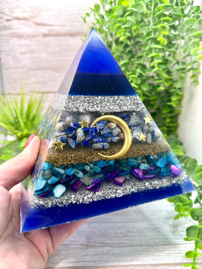 LUNA - Custom Order - Orgonite Pyramid - EMF Protector - Aquamarine, Celestite and Larimar Crystal with Brass and Aluminum Metals