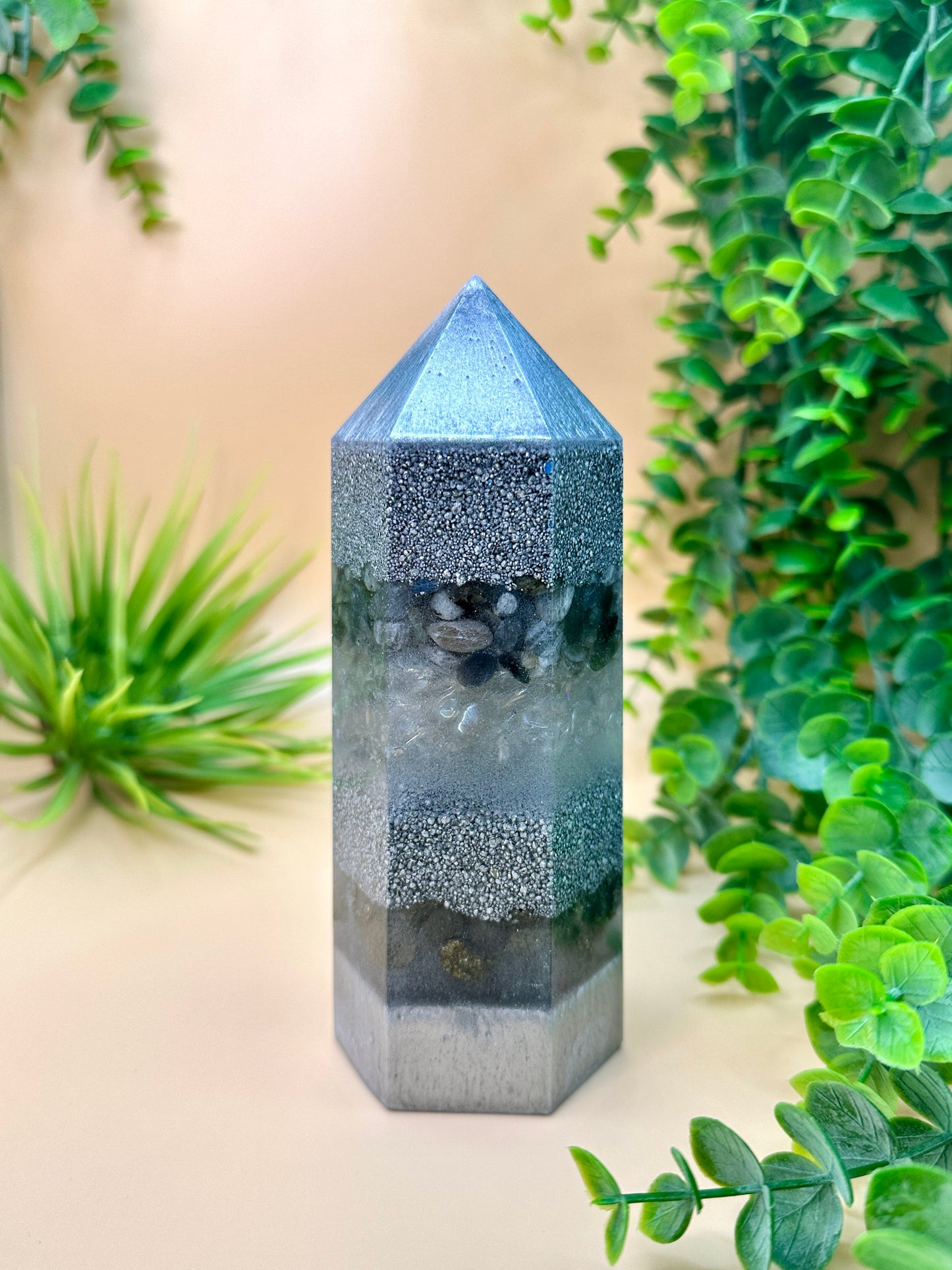 TRAVEL & HELPFUL PEOPLE - Feng Shui Orgonite Tower - EMF Protector - Labradorite, Aura Quartz and Pyrite with Aluminum Metals