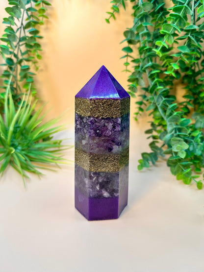 WEALTH & ABUNDANCE - Feng Shui Orgonite Tower - EMF Protector - Lepidolite, Ametrine & Amethyst with Brass Metals