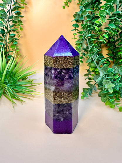 WEALTH & ABUNDANCE - Feng Shui Orgonite Tower - EMF Protector - Lepidolite, Ametrine & Amethyst with Brass Metals