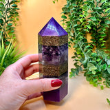 WEALTH & ABUNDANCE - Orgonite Tower - EMF Protector - Lepidolite, Ametrine & Amethyst with Brass Metals