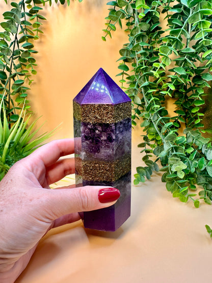 WEALTH & ABUNDANCE - Feng Shui Orgonite Tower - EMF Protector - Lepidolite, Ametrine & Amethyst with Brass Metals