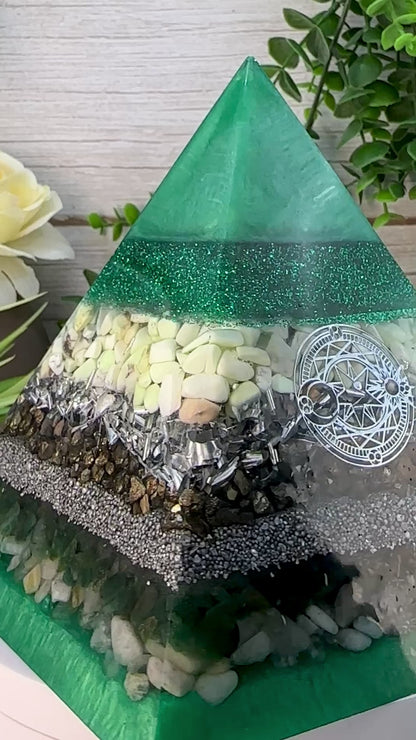 MIRANDA - Orgonite Pyramid - EMF Protector - Lemon Chrysoprase, Pyrite, Emerald & Morganite with Aluminum Metals