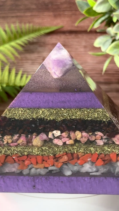 LEONA - Purple Flame Golden Ratio Special Edition Pyramid! - EMF Protector - Amethyst, Garnet, Rhodonite, Red Jasper & Rose Quartz with Brass Metals