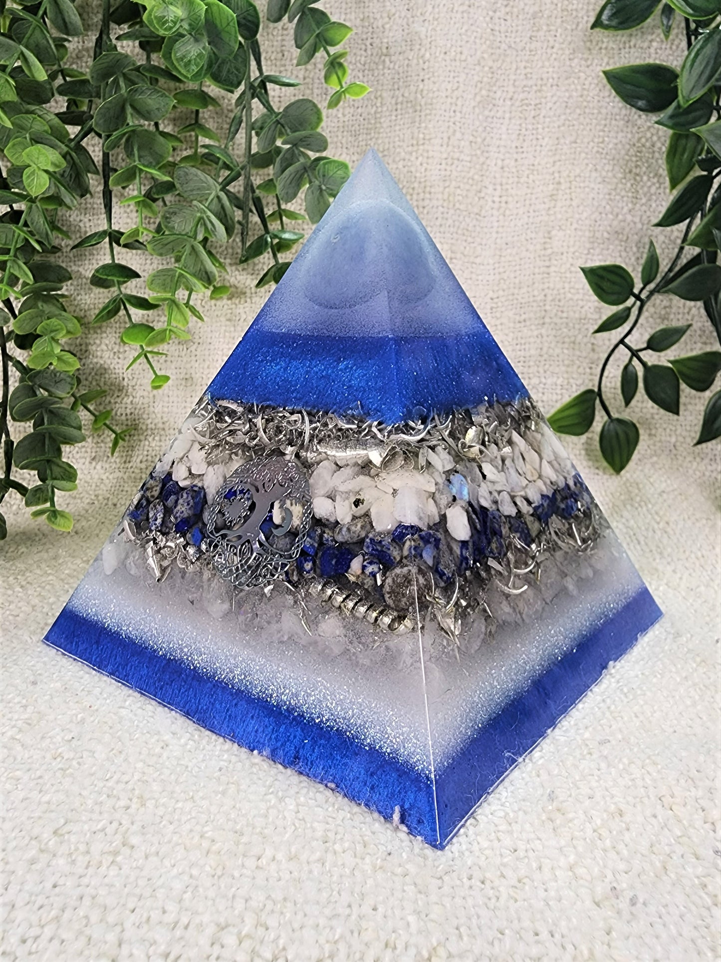 LIBERTY - Orgonite Pyramid - EMF Protector - Angelite, Moonstone, Lapis Lazuli and White Quartz with Aluminum Metal