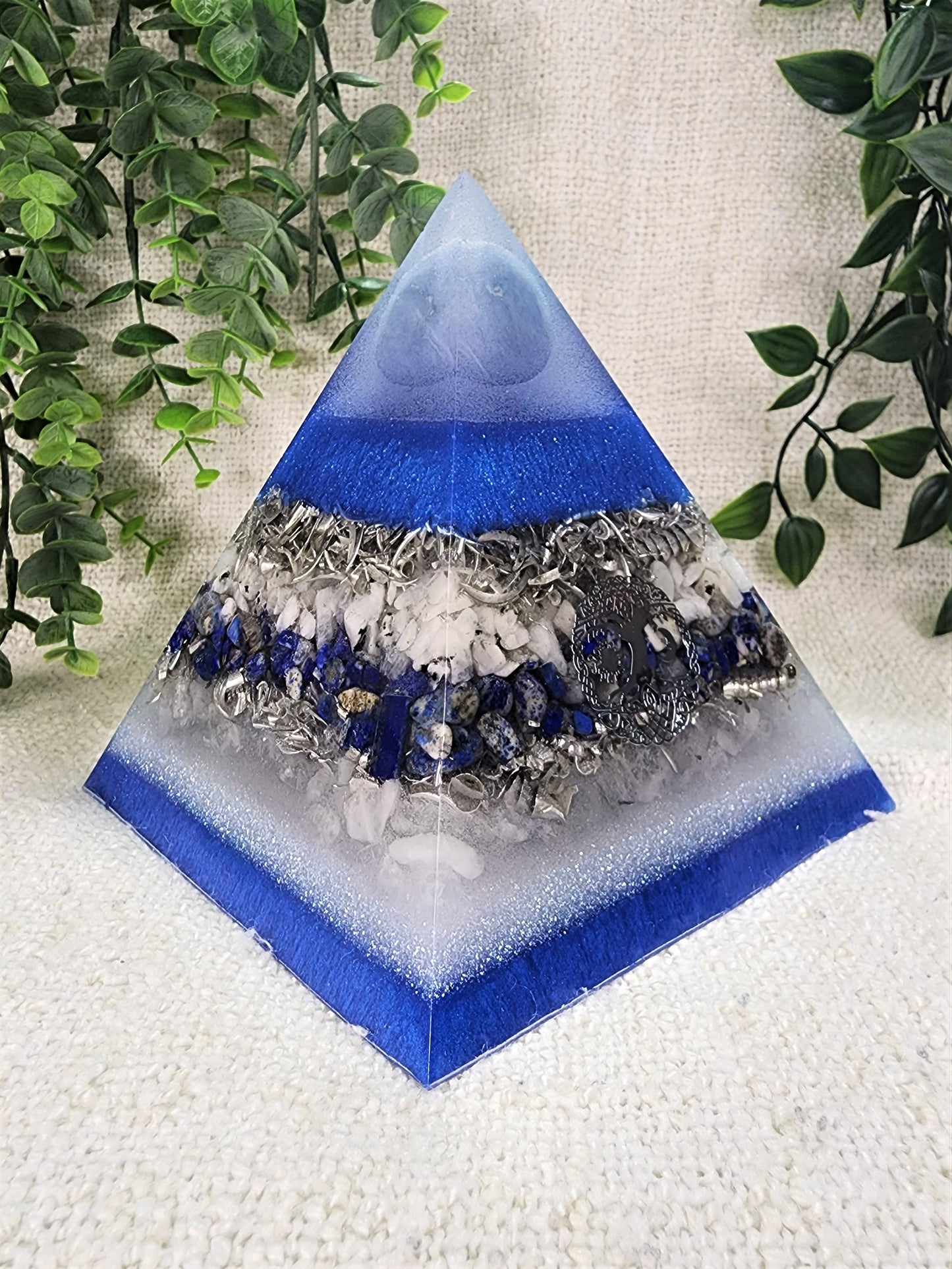 LIBERTY - Orgonite Pyramid - EMF Protector - Angelite, Moonstone, Lapis Lazuli and White Quartz with Aluminum Metal