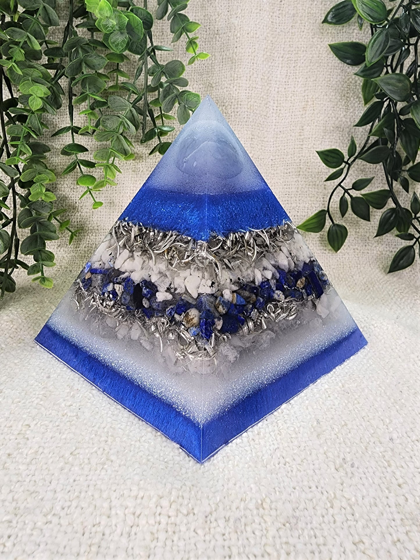 LIBERTY - Orgonite Pyramid - EMF Protector - Angelite, Moonstone, Lapis Lazuli and White Quartz with Aluminum Metal