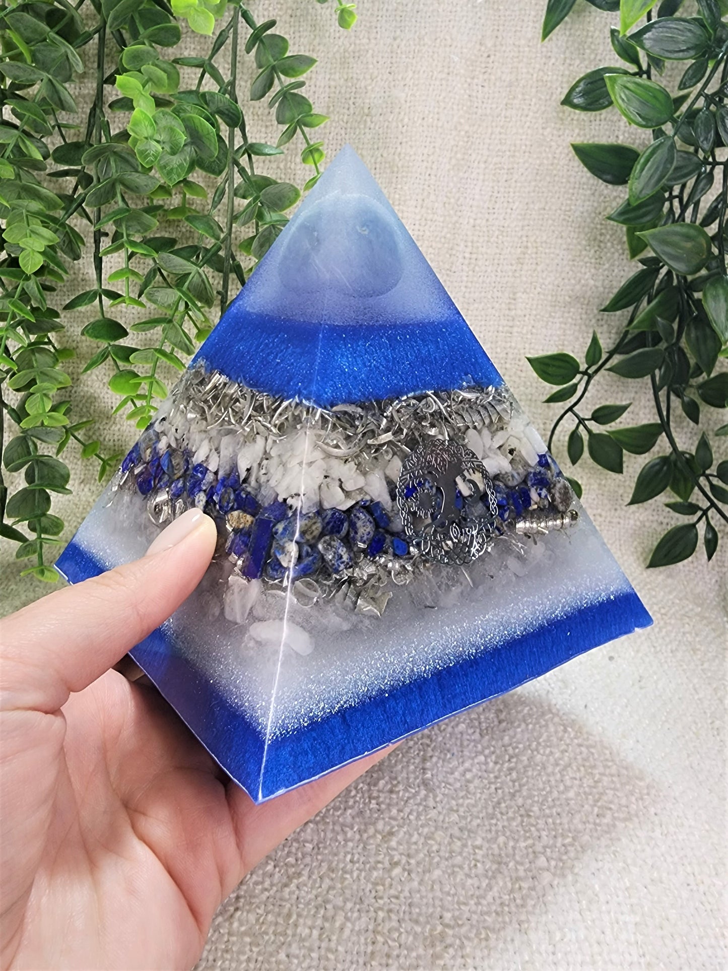 LIBERTY - Orgonite Pyramid - EMF Protector - Angelite, Moonstone, Lapis Lazuli and White Quartz with Aluminum Metal