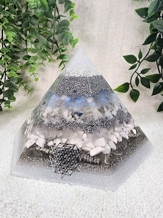 WINTER - Special Edition Hexagonal Pyramid! - EMF Protector - Opalite, Moonstone, White Quartz, Howlite Crystals, with Aluminum Metal, White Brass and Real Silver Flakes