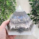 WINTER SOLSTICE - Special Edition Hexagonal Pyramid! - EMF Protector - Opalite, Moonstone, White Quartz, Howlite Crystals, with Aluminum Metal, White Brass and Real Silver Flakes