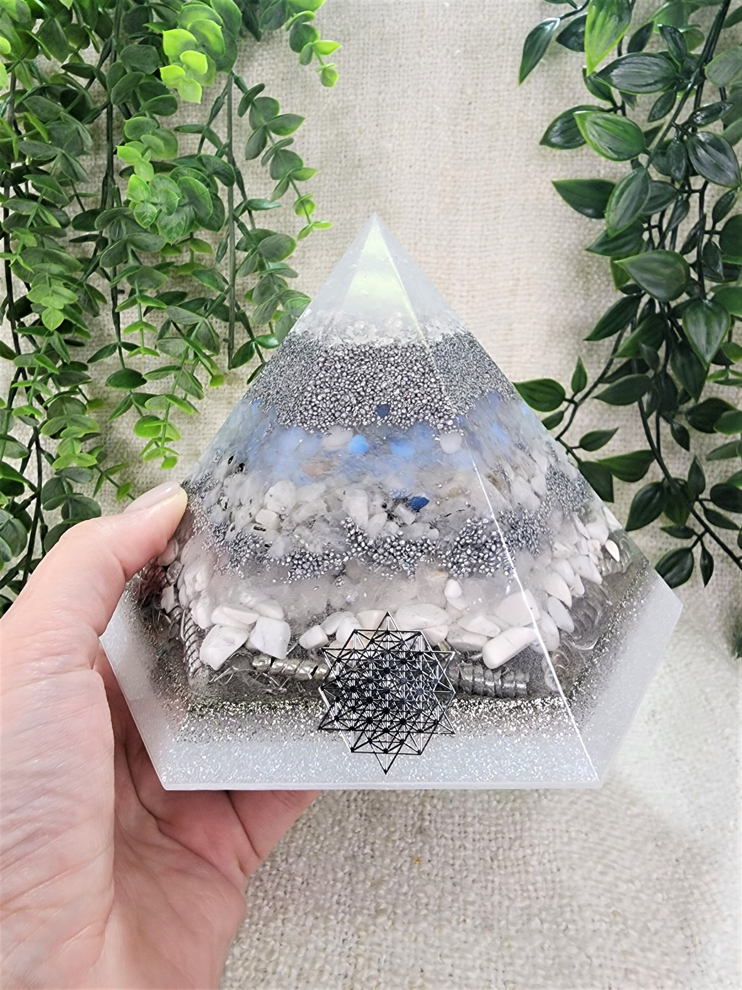 WINTER SOLSTICE - Special Edition Hexagonal Pyramid! - EMF Protector - Opalite, Moonstone, White Quartz, Howlite Crystals, with Aluminum Metal, White Brass and Real Silver Flakes