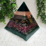 THEA - Orgonite Pyramid - EMF Protector - Bloodstone, Fire Agate, Blue Tiger's Eye, Ruby and Stainless Steel Metal