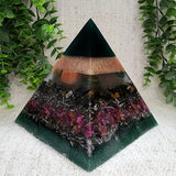 THEA - Orgonite Pyramid - EMF Protector - Bloodstone, Fire Agate, Blue Tiger's Eye, Ruby and Stainless Steel Metal
