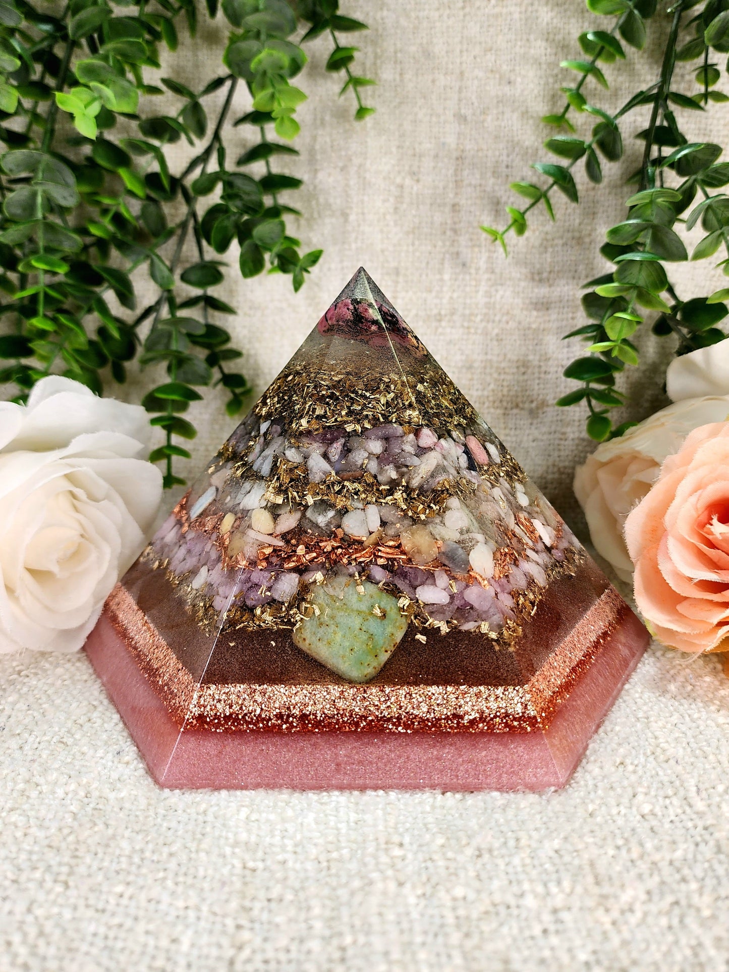 LOVE - Special Edition Hexagonal Pyramid! - EMF Protector - Rhodonite, Pink Tourmaline, Morganite, Kunzite and Chrysoprase with Golden Bronze Brass and Copper Metals