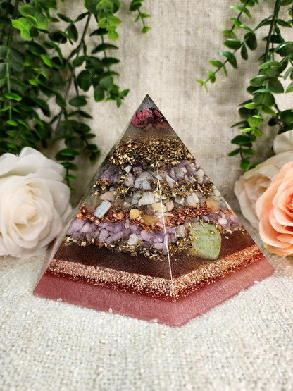 LOVE - Special Edition Hexagonal Pyramid! - EMF Protector - Rhodonite, Pink Tourmaline, Morganite, Kunzite and Chrysoprase with Golden Bronze Brass and Copper Metals