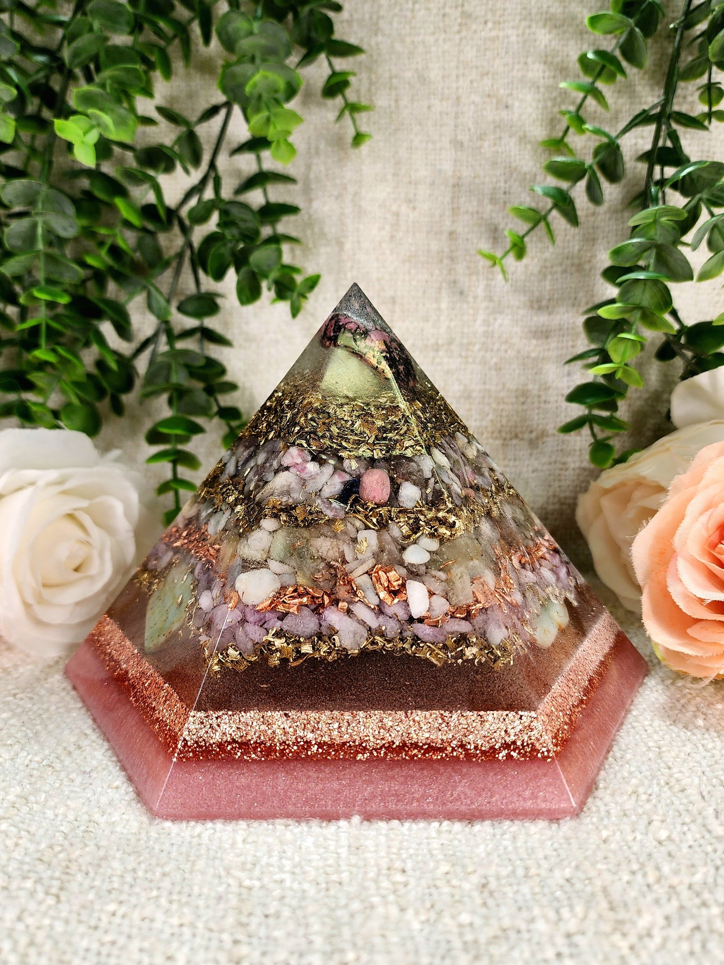 LOVE - Special Edition Hexagonal Pyramid! - EMF Protector - Rhodonite, Pink Tourmaline, Morganite, Kunzite and Chrysoprase with Golden Bronze Brass and Copper Metals