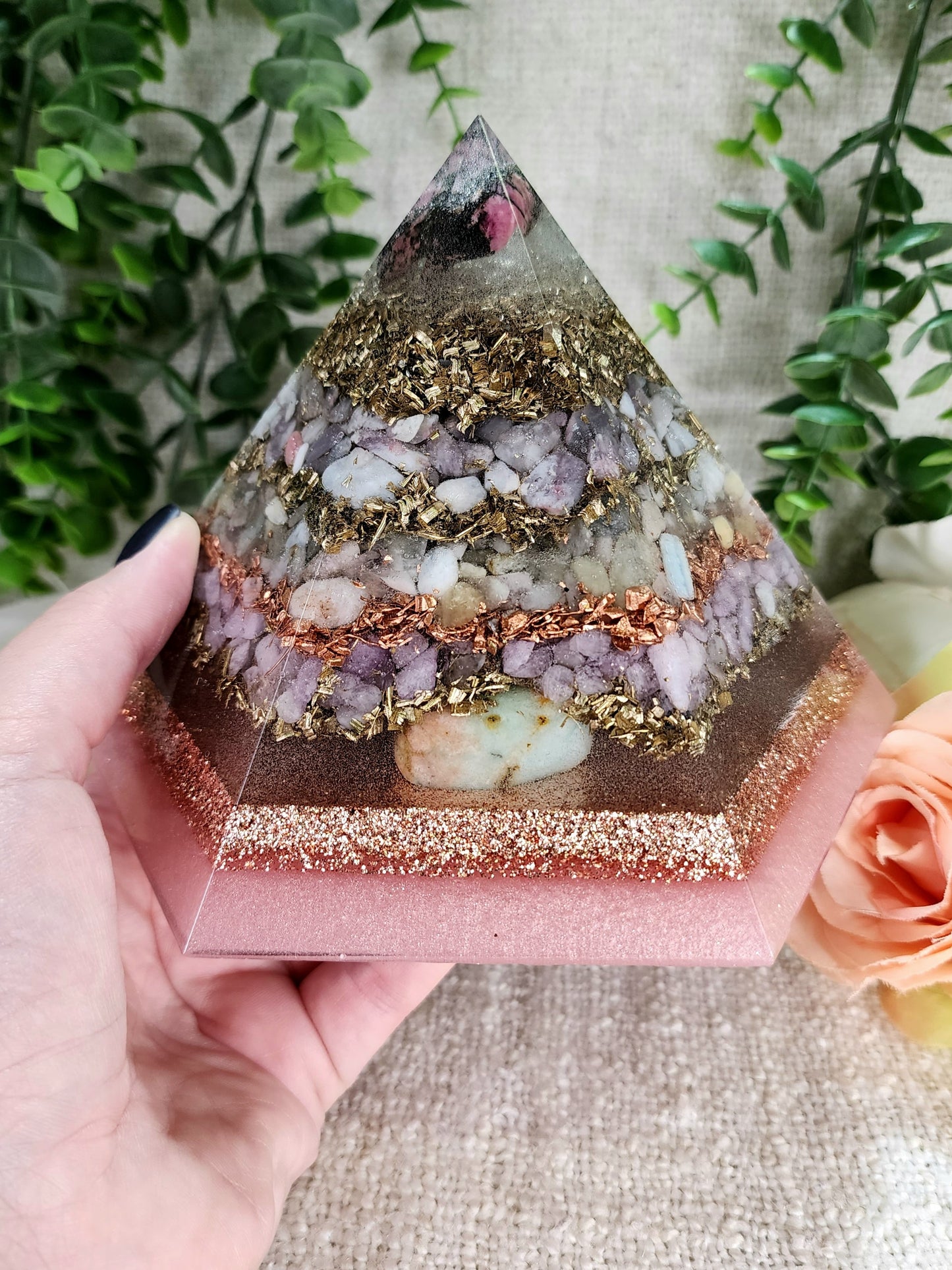 LOVE - Special Edition Hexagonal Pyramid! - EMF Protector - Rhodonite, Pink Tourmaline, Morganite, Kunzite and Chrysoprase with Golden Bronze Brass and Copper Metals