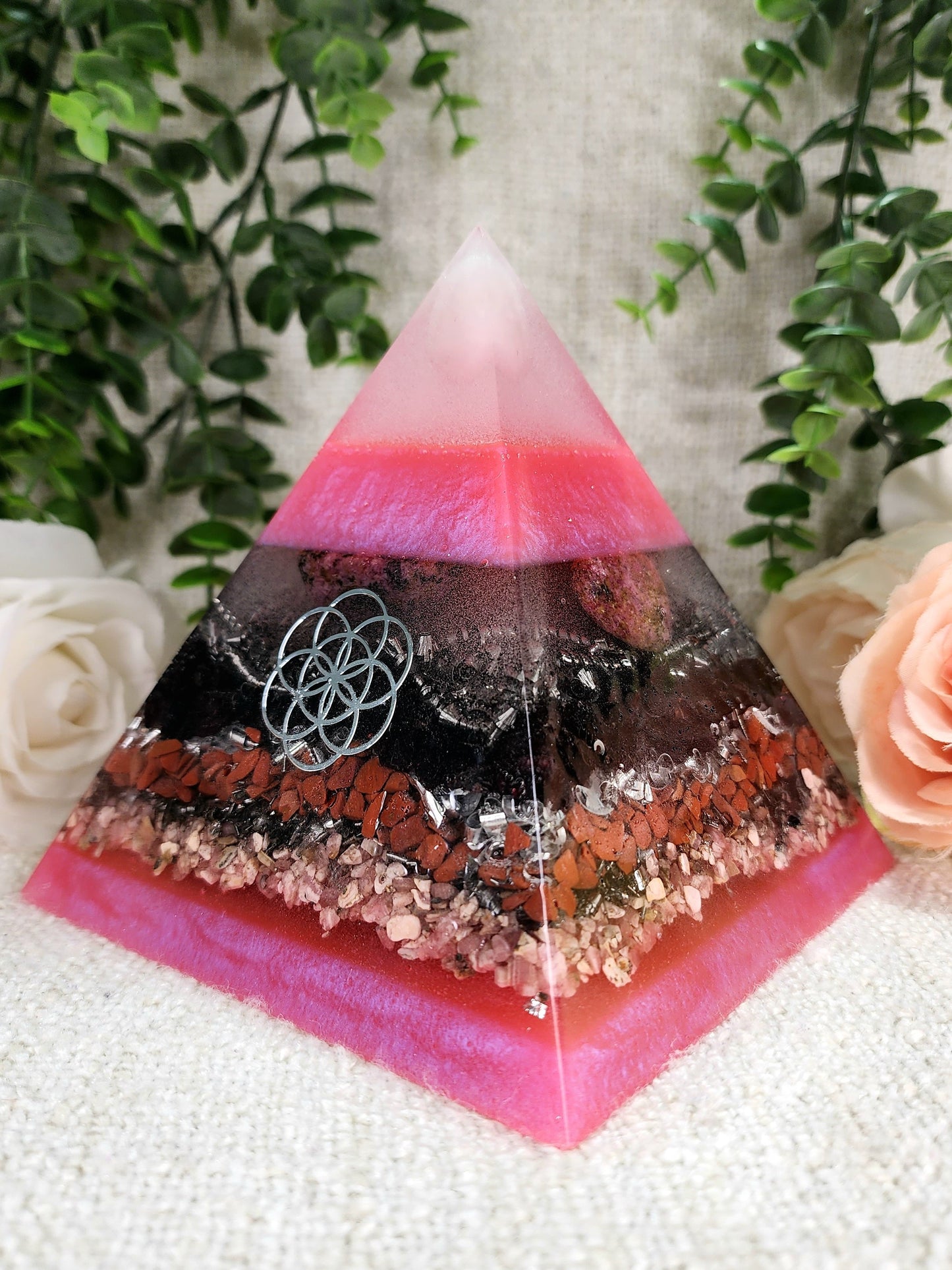 INANNA - The Love Collection Orgonite Pyramid - EMF Protector - Rose Quartz, Rhodonite, Garnet, Red Jasper, Rhodochrosite, Stainless Steel and Aluminum Metal