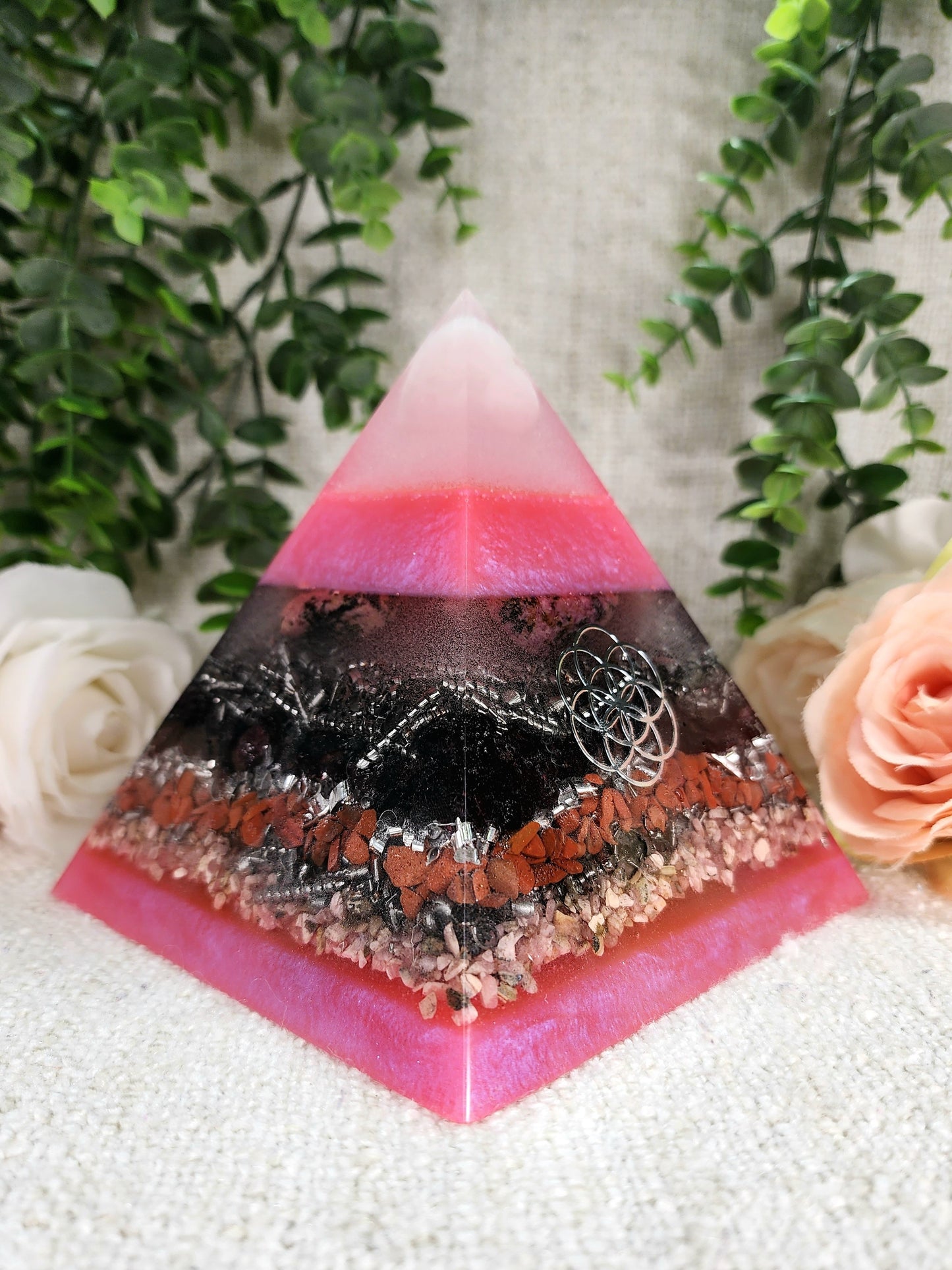 INANNA - The Love Collection Orgonite Pyramid - EMF Protector - Rose Quartz, Rhodonite, Garnet, Red Jasper, Rhodochrosite, Stainless Steel and Aluminum Metal