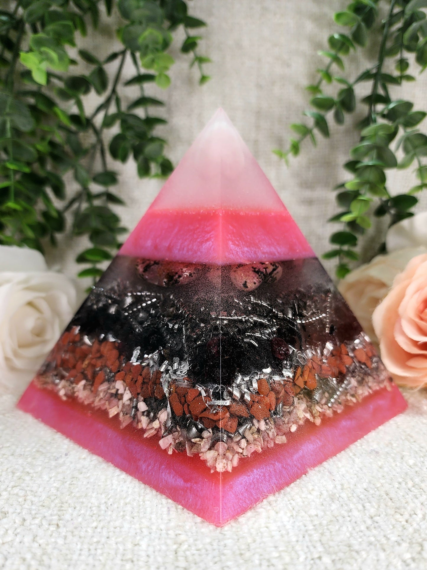 INANNA - The Love Collection Orgonite Pyramid - EMF Protector - Rose Quartz, Rhodonite, Garnet, Red Jasper, Rhodochrosite, Stainless Steel and Aluminum Metal