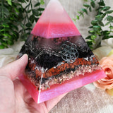 INANNA - The Love Collection Orgonite Pyramid - EMF Protector - Rose Quartz, Rhodonite, Garnet, Red Jasper, Rhodochrosite, Stainless Steel and Aluminum Metal