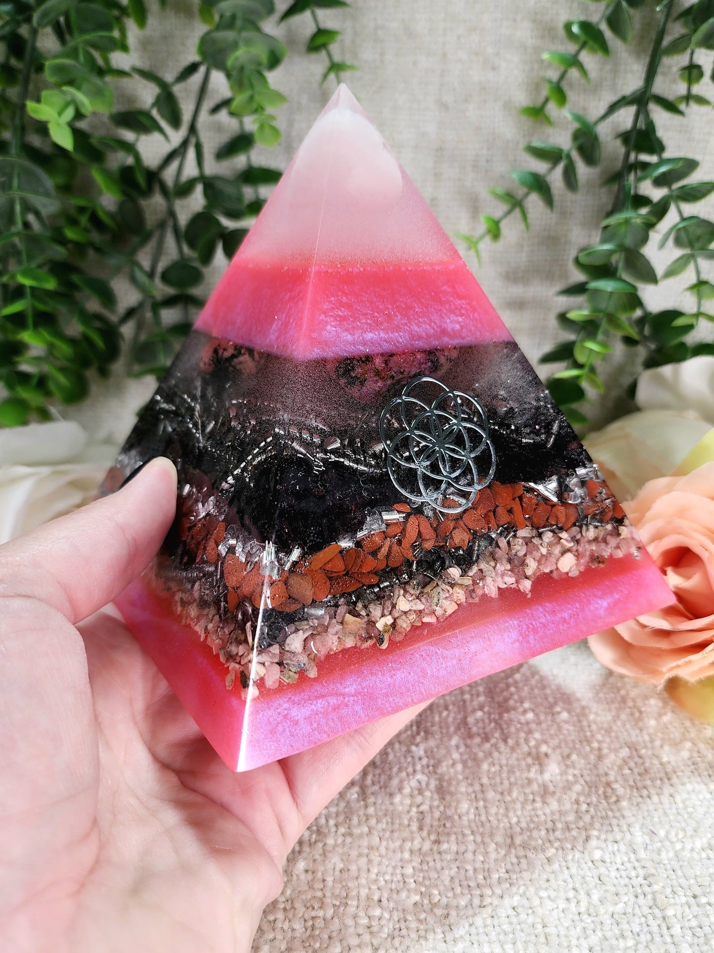 INANNA - The Love Collection Orgonite Pyramid - EMF Protector - Rose Quartz, Rhodonite, Garnet, Red Jasper, Rhodochrosite, Stainless Steel and Aluminum Metal