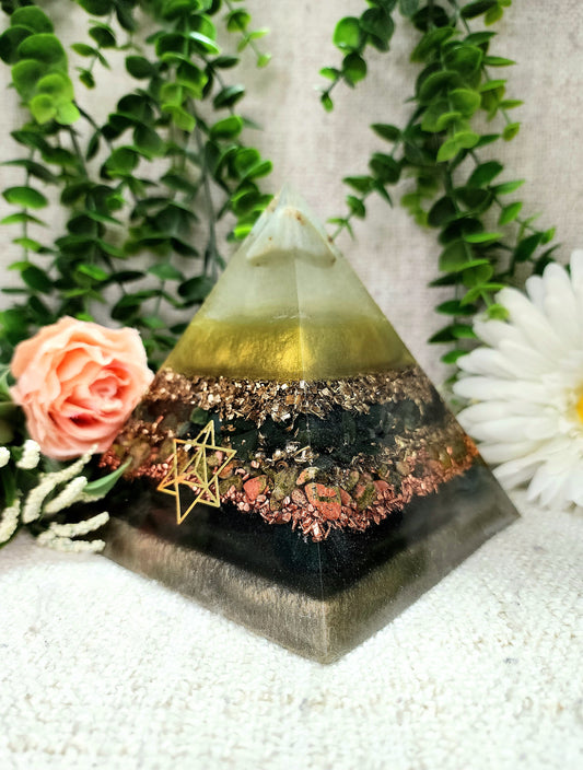 NOVA - Orgonite Pyramid - EMF Protector - Chrysoprase, Green Jade, Unakite and Bloodstone with Brass and Copper  Metals