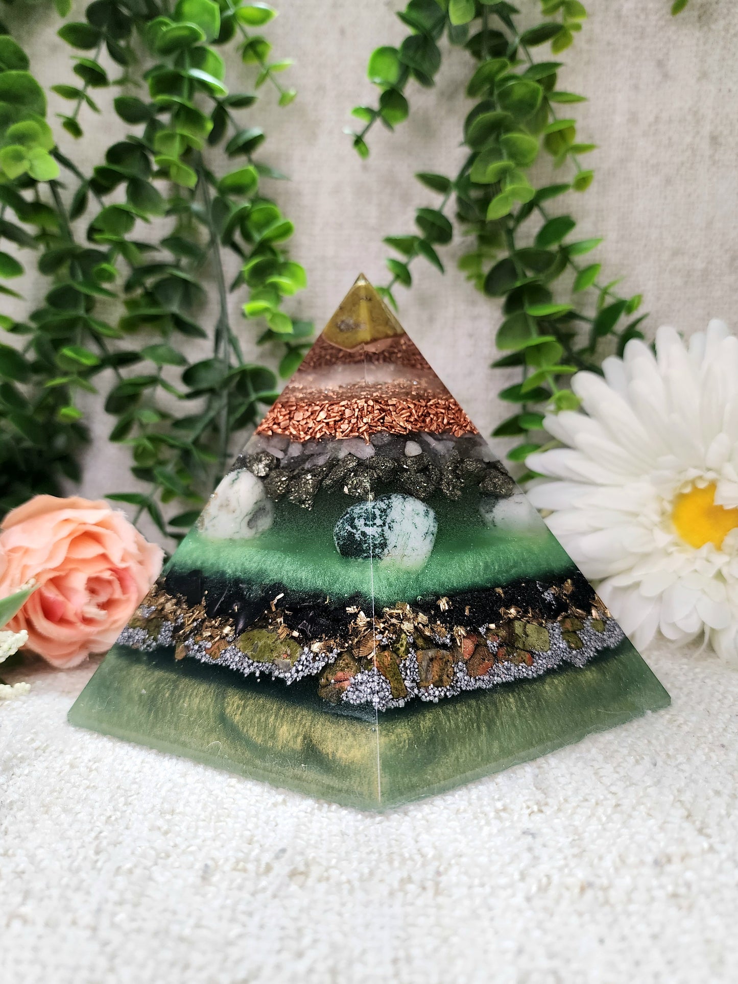 SPRING EQUINOX - Special Edition Hexagonal Pyramid! - EMF Protector - Green Opal, Morganite, Pyrite, Tree Agate, Shungite and Unakite with Copper, Brass and Aluminum Metals