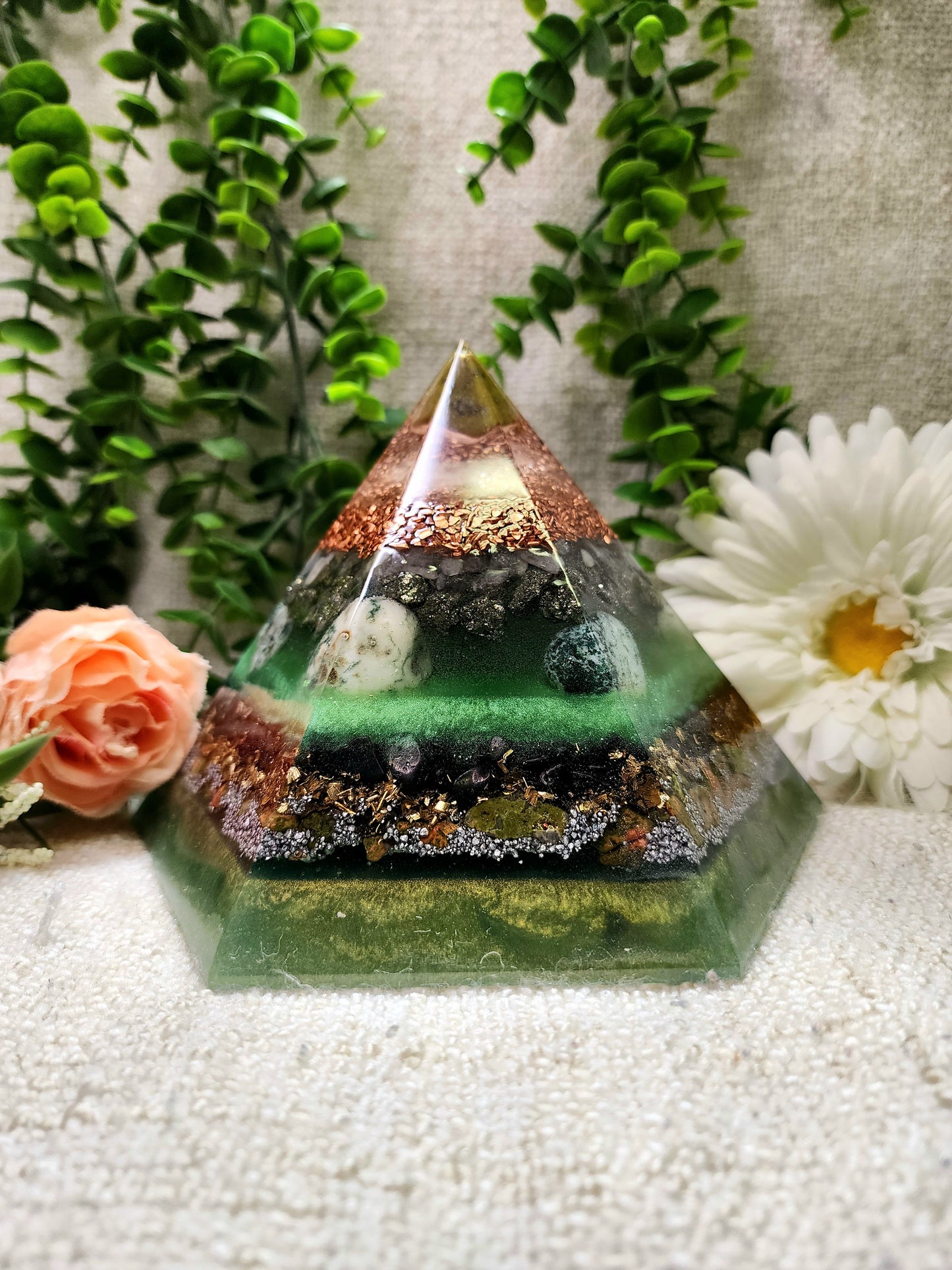 SPRING EQUINOX - Special Edition Hexagonal Pyramid! - EMF Protector - Green Opal, Morganite, Pyrite, Tree Agate, Shungite and Unakite with Copper, Brass and Aluminum Metals