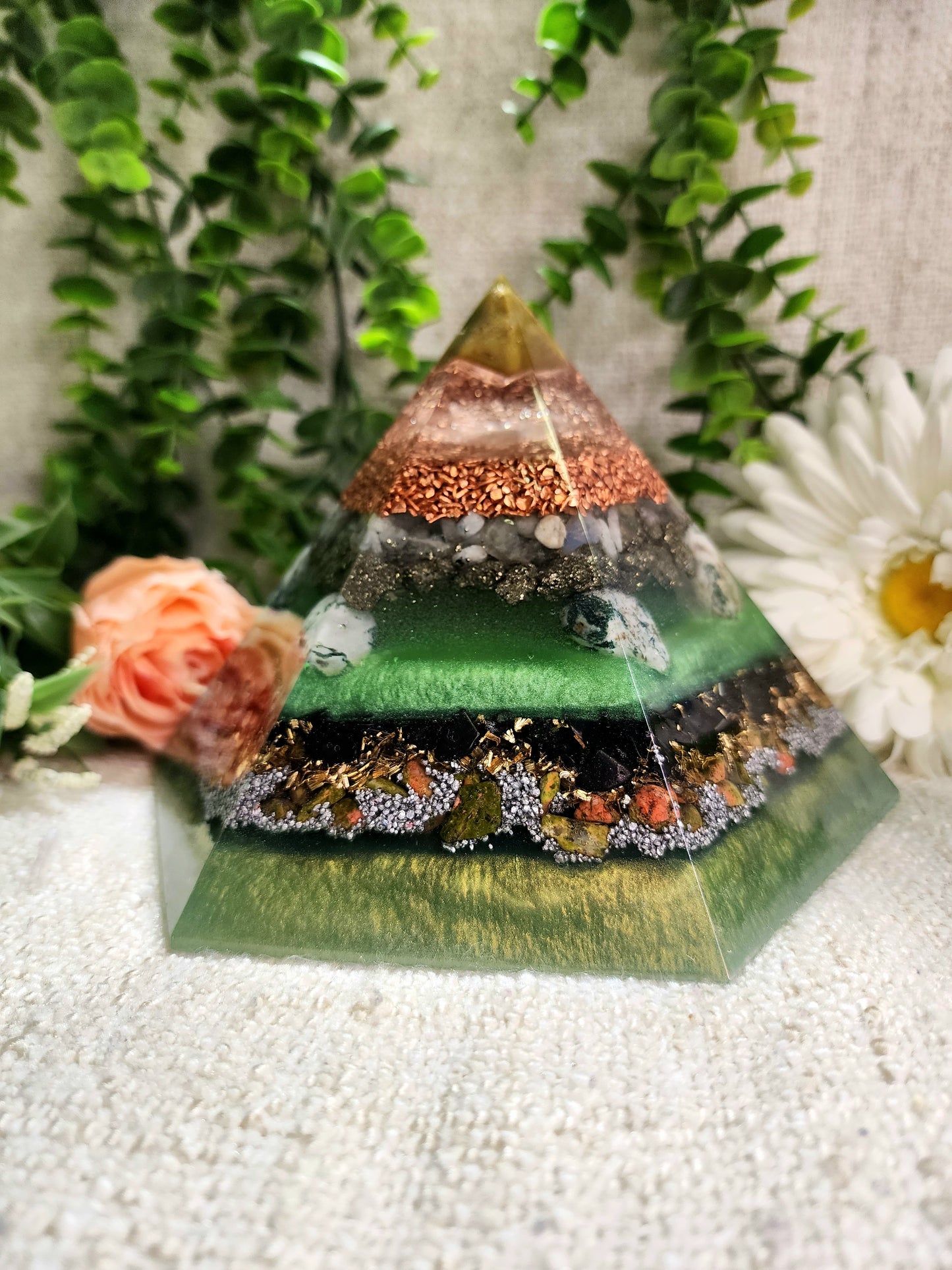 SPRING EQUINOX - Special Edition Hexagonal Pyramid! - EMF Protector - Green Opal, Morganite, Pyrite, Tree Agate, Shungite and Unakite with Copper, Brass and Aluminum Metals