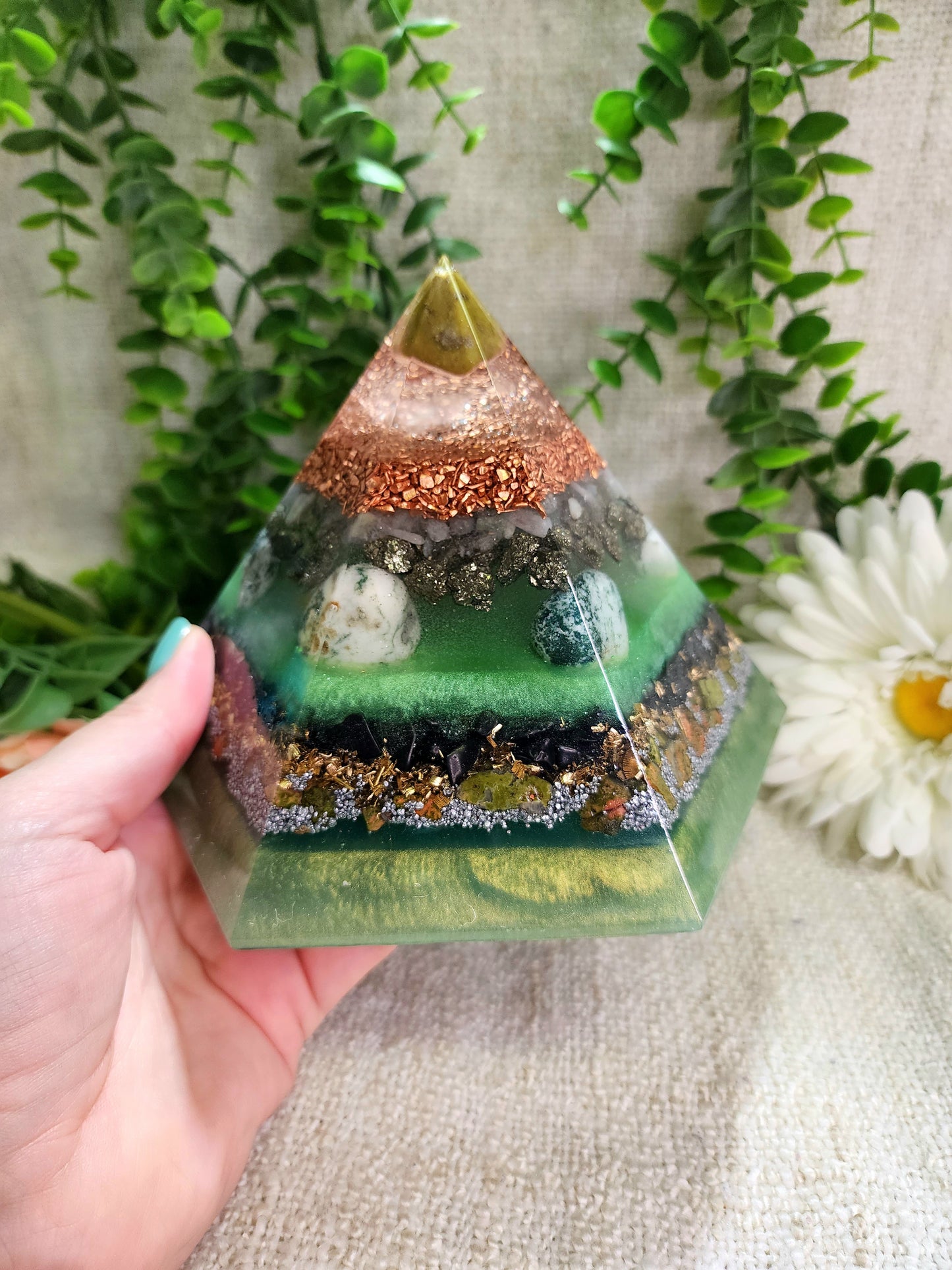 SPRING EQUINOX - Special Edition Hexagonal Pyramid! - EMF Protector - Green Opal, Morganite, Pyrite, Tree Agate, Shungite and Unakite with Copper, Brass and Aluminum Metals