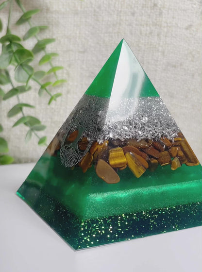 ESMERALDA - Orgonite Pyramid - EMF Protector - Tiger's Eye Crystal and Aluminum Metal