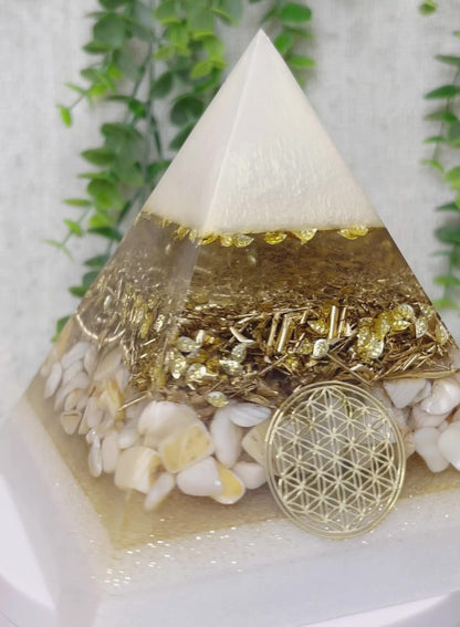 AURORA - Orgonite Pyramid - EMF Protector - White Milky Quartz, Seashell and Brass Metals