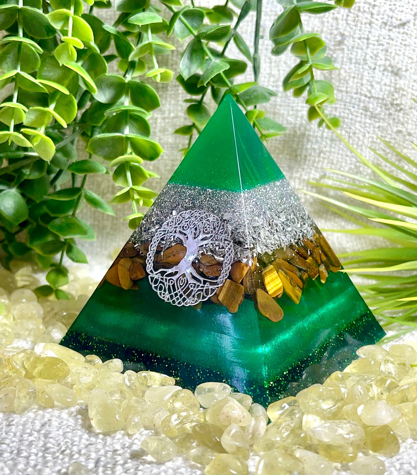 ESMERALDA - Orgonite Pyramid - EMF Protector - Tiger's Eye Crystal and Aluminum Metal