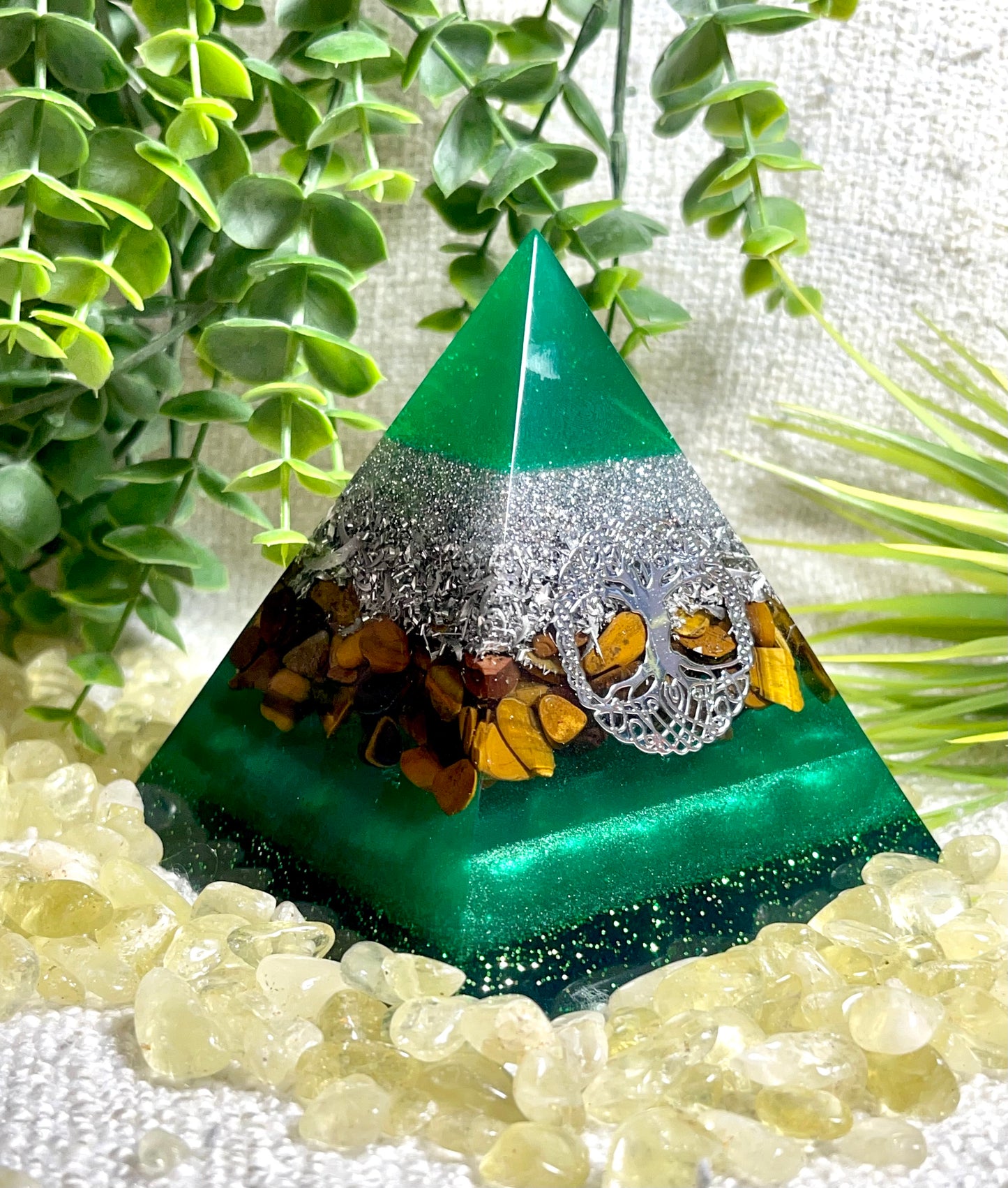 ESMERALDA - Orgonite Pyramid - EMF Protector - Tiger's Eye Crystal and Aluminum Metal