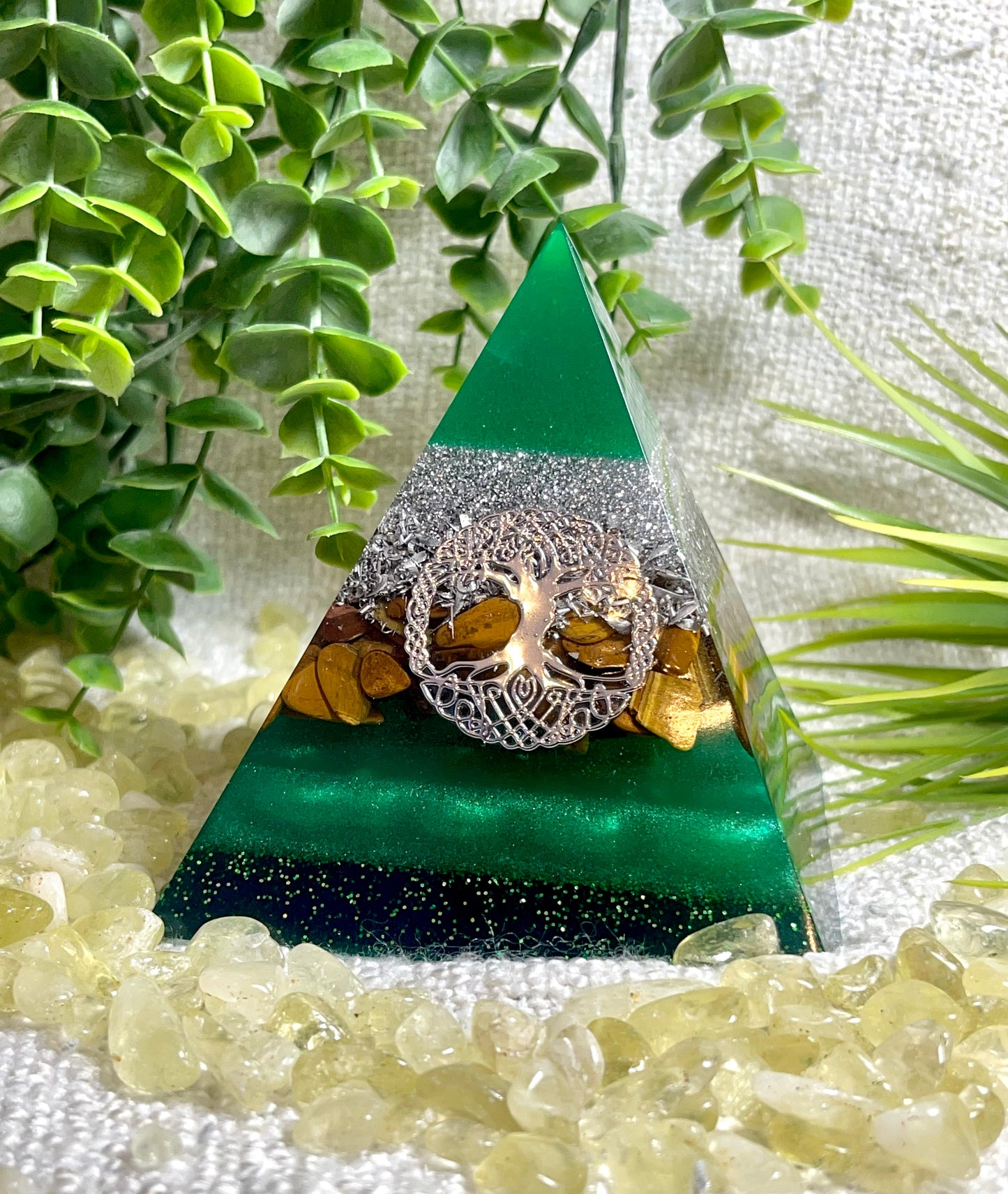 ESMERALDA - Orgonite Pyramid - EMF Protector - Tiger's Eye Crystal and Aluminum Metal