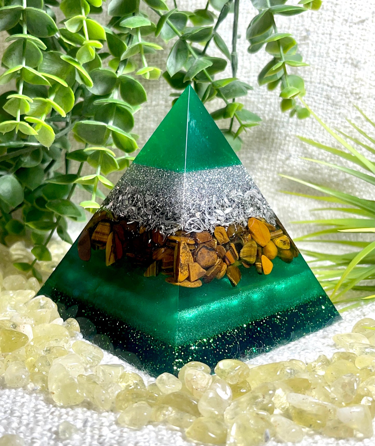 ESMERALDA - Orgonite Pyramid - EMF Protector - Tiger's Eye Crystal and Aluminum Metal